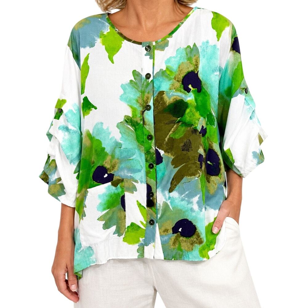 IC by Connie K Sz Small White Green Floral Tropical Beach Blouse Shirt Top